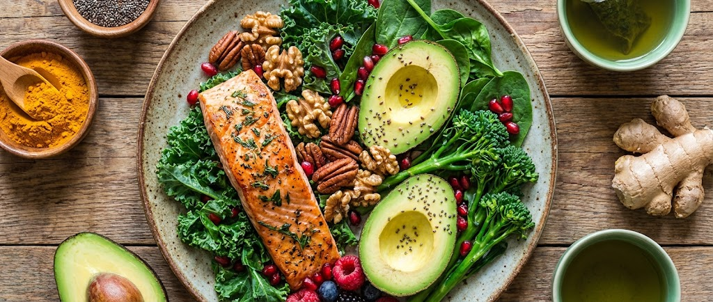 Une assiette colorée riche en oméga-3 avec du saumon, des noix, des avocats et des légumes verts, symbolisant l'alimentation anti-inflammatoire, vue de dessus